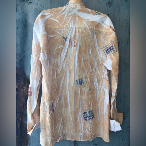 Italian tie-dye crinkle shirt - maize & white w/blue, green, terra cotta print - Picture 9 of 16